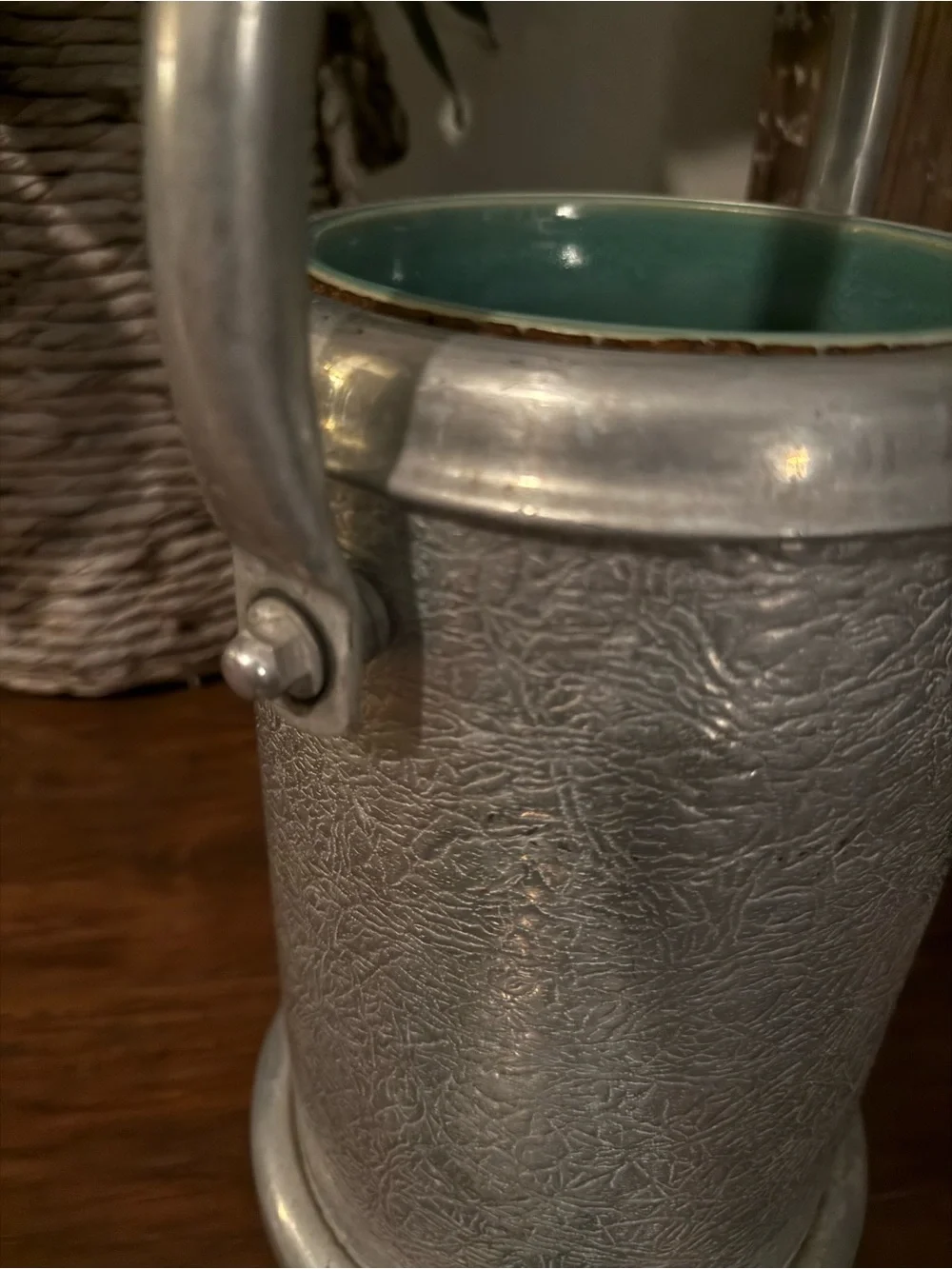Lrg. Vtg. Ice Bucket Wine Cooler Art Deco Hammered Aluminum & Ceramic Liner 15”